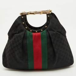 Pre Owned Gucci Black GG Canvas Web Detail Metal Bamboo Hobo