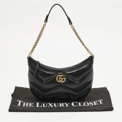 Pre Owned Gucci Black Matelassé Leather GG Marmont Zip Hobo