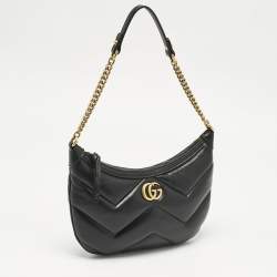 Pre Owned Gucci Black Matelassé Leather GG Marmont Zip Hobo