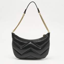 Pre Owned Gucci Black Matelassé Leather GG Marmont Zip Hobo