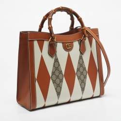 Pre Owned Gucci Brown/White Rhombus Print Leather Medium Diana Tote