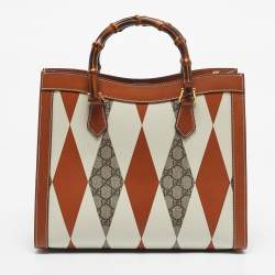 Pre Owned Gucci Brown/White Rhombus Print Leather Medium Diana Tote