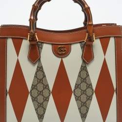 Pre Owned Gucci Brown/White Rhombus Print Leather Medium Diana Tote