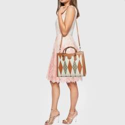 Pre Owned Gucci Brown/White Rhombus Print Leather Medium Diana Tote