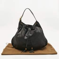 Pre Owned Gucci Black Leather Interlocking Icon Drawstring Hobo