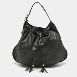 Pre Owned Gucci Black Leather Interlocking Icon Drawstring Hobo