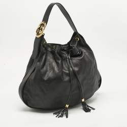 Pre Owned Gucci Black Leather Interlocking Icon Drawstring Hobo