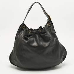 Pre Owned Gucci Black Leather Interlocking Icon Drawstring Hobo
