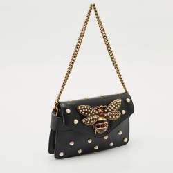 Pre Owned Gucci Black Leather Mini Pearl Studded Queen Margaret Broadway Shoulder Bag 