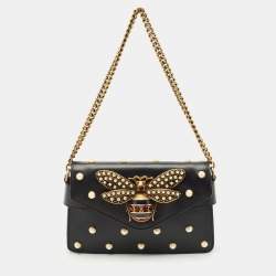 Pre Owned Gucci Black Leather Mini Pearl Studded Queen Margaret Broadway Shoulder Bag 