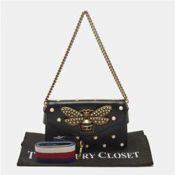مملوكة مسبقًا Gucci Black Leather Mini Pearl Studded Queen Margaret Broadway Shoulder Bag 