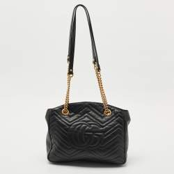 Pre Owned Gucci Black Matelasse Leather GG Marmont Open Top Shoulder Bag