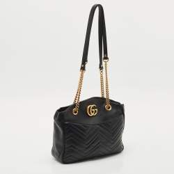 Pre Owned Gucci Black Matelasse Leather GG Marmont Open Top Shoulder Bag