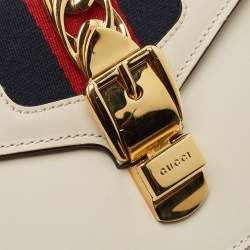 Pre Owned Gucci Off White Leather Mini Web Sylvie Top Handle Bag