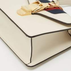 Pre Owned Gucci Off White Leather Mini Web Sylvie Top Handle Bag