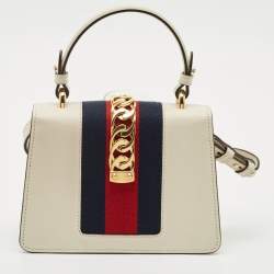 Pre Owned Gucci Off White Leather Mini Web Sylvie Top Handle Bag