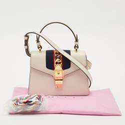 Pre Owned Gucci Off White Leather Mini Web Sylvie Top Handle Bag