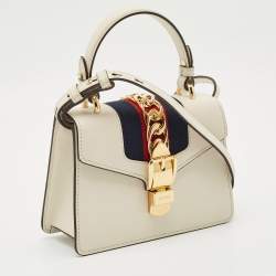 Pre Owned Gucci Off White Leather Mini Web Sylvie Top Handle Bag