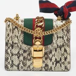 Pre Owned Gucci Black/White Watersnake Leather Mini Web Chain Sylvie Shoulder Bag