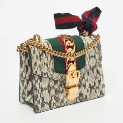 Pre Owned Gucci Black/White Watersnake Leather Mini Web Chain Sylvie Shoulder Bag