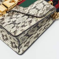 Pre Owned Gucci Black/White Watersnake Leather Mini Web Chain Sylvie Shoulder Bag