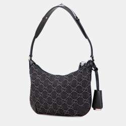 Pre Owned Gucci Black Small GG Denim Horsebit Slim Hobo