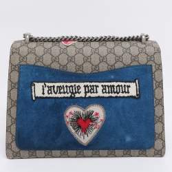 Pre Owned Gucci Beige GG Supreme Canvas and Suede Medium Crystals Embellished Dionysus Shoulder Bag