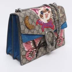 Pre Owned Gucci Beige GG Supreme Canvas and Suede Medium Crystals Embellished Dionysus Shoulder Bag