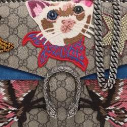 Pre Owned Gucci Beige GG Supreme Canvas and Suede Medium Crystals Embellished Dionysus Shoulder Bag