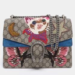Pre Owned Gucci Beige GG Supreme Canvas and Suede Medium Crystals Embellished Dionysus Shoulder Bag