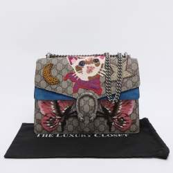 Pre Owned Gucci Beige GG Supreme Canvas and Suede Medium Crystals Embellished Dionysus Shoulder Bag
