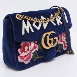 Pre Owned حقيبة كتف غوتشي مارمونت جي جي مطرزة مودرن زهور قطيفة ماتيلاس أزرق 