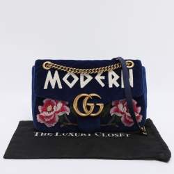 Pre Owned حقيبة كتف غوتشي مارمونت جي جي مطرزة مودرن زهور قطيفة ماتيلاس أزرق 