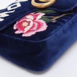 Pre Owned حقيبة كتف غوتشي مارمونت جي جي مطرزة مودرن زهور قطيفة ماتيلاس أزرق 