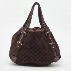 Pre Owned Gucci Brown GG Suede and Leather Pelham Hobo