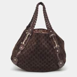 Pre Owned Gucci Brown GG Suede and Leather Pelham Hobo