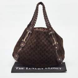 Pre Owned Gucci Brown GG Suede and Leather Pelham Hobo