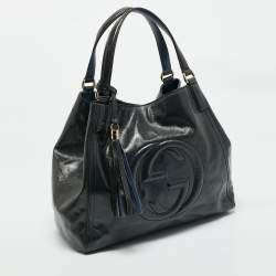 Pre Owned Gucci Dark Grey Patent Leather Medium Soho Tote