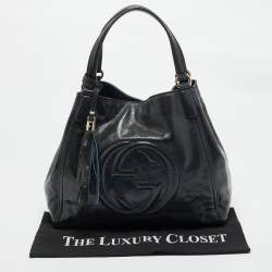 Pre Owned Gucci Dark Grey Patent Leather Medium Soho Tote