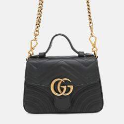 Pre Owned Gucci Gg Marmont Top Handle Bag Black Leather Size Small