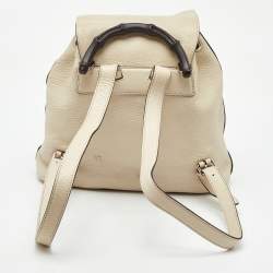 Pre Owned Gucci Off White Pebbled Leather GG Bamboo Tassel Backpack