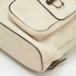 Pre Owned Gucci Off White Pebbled Leather GG Bamboo Tassel Backpack