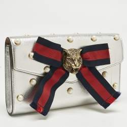 Pre Owned Gucci Silver Leather Animalier Broadway Clutch