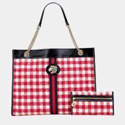 Pre Owned Gucci Red Large Web Tweed Rajah Tote