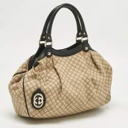 Pre Owned Gucci Black/Beige Diamante Canvas and Leather Medium Sukey Tote