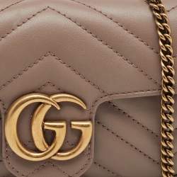 Pre Owned Gucci Light Brown Matelassé Chevron Leather Mini GG Marmont Crossbody Bag