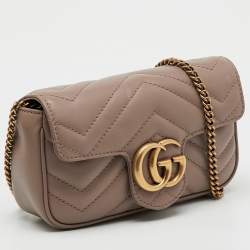 Pre Owned Gucci Light Brown Matelassé Chevron Leather Mini GG Marmont Crossbody Bag