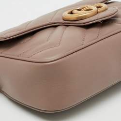 Pre Owned Gucci Light Brown Matelassé Chevron Leather Mini GG Marmont Crossbody Bag