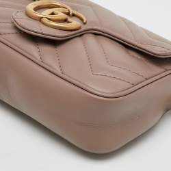 Pre Owned Gucci Light Brown Matelassé Chevron Leather Mini GG Marmont Crossbody Bag