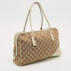 Pre Owned Gucci Beige/Off White GG Canvas and Leather Britt Boston Bag